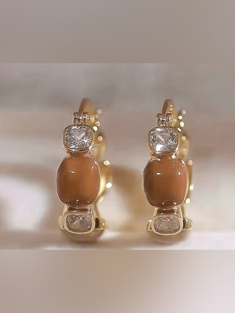 Gold Tone Brown Stone & Crystal Drop Earrings - Women Jewelry